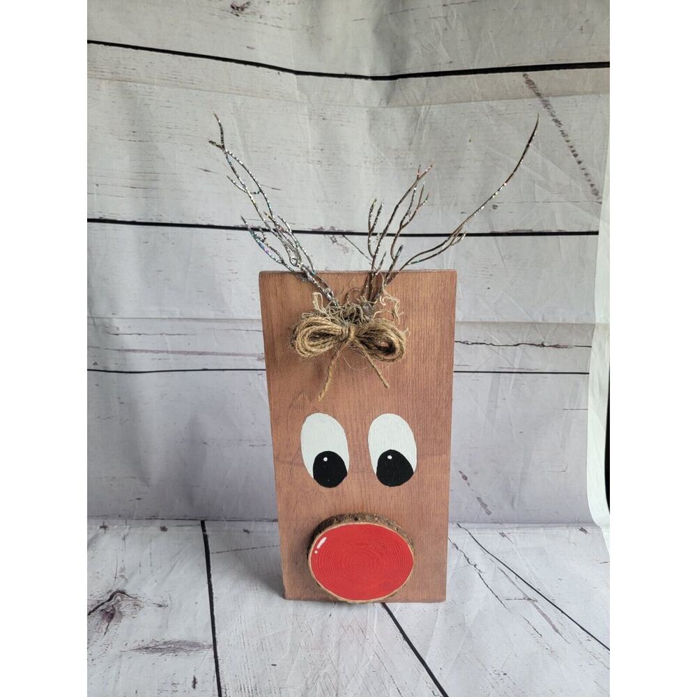 Handmade Handpainted Wooden Rudolph Red Nose Reindeer Decor Christmas Sitter